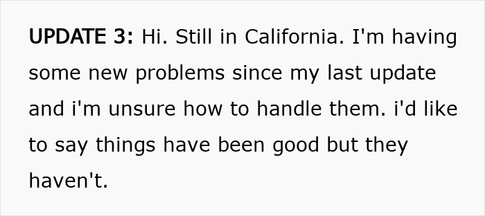 Text update on a screen showing a woman’s struggles with brother’s stalker tendencies affecting her college, job, and sanity.