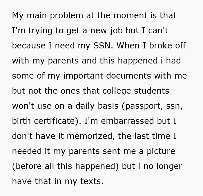 Text about losing job and documents needed like SSN, highlighting the impact of brother’s stalker tendencies on college and sanity.