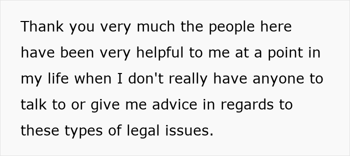 Woman expressing gratitude for support during legal issues caused by brother's stalker tendencies affecting her life.