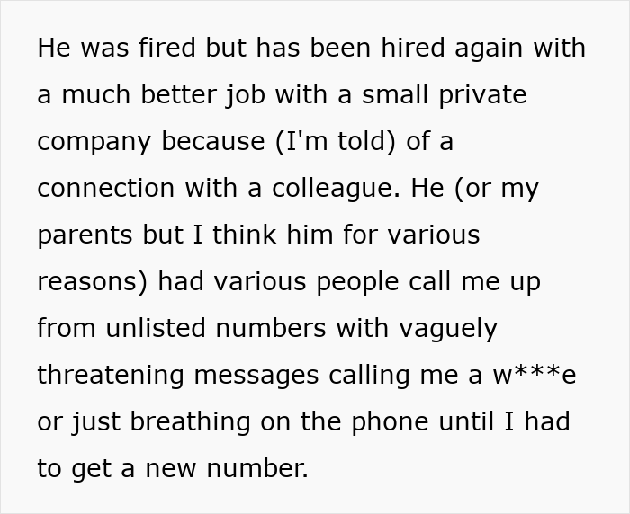 Alt text: Text describing a woman losing college, job, and sanity due to brother’s stalker tendencies and threatening phone calls.