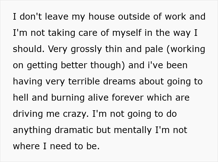 Text describing a woman’s mental health struggles caused by brother’s stalker tendencies impacting her college and job.