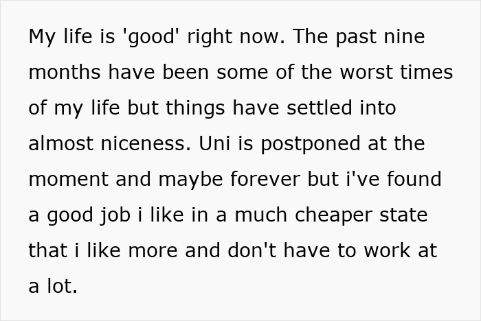 Text excerpt describing a woman’s recovery after losing college, job, and sanity due to brother’s stalker tendencies.