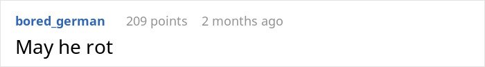 Text post showing a comment with 209 points reading may he rot, referencing brother's stalker tendencies impact.