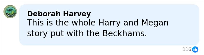 Comment discussing the Harry and Megan story in relation to the Beckham family’s situation.