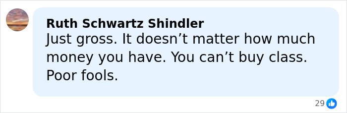 Comment by Ruth Schwartz Shindler criticizing wealth and class, related to Nicola Peltz's tattoo pointed message at Beckham family translation.