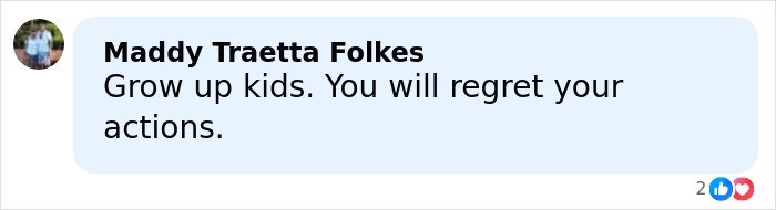 Comment by Maddy Traetta Folkes criticizing behavior, expressing regret about kids' actions in a social media post.