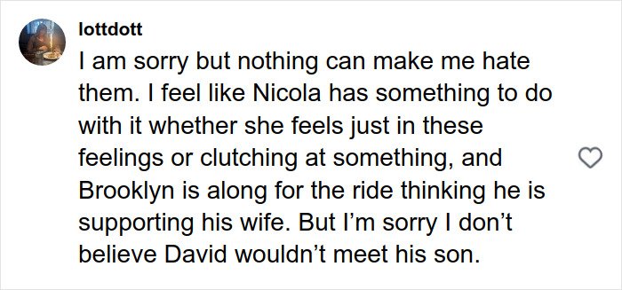 Comment discussing family dynamics related to Brooklyn Beckham after footage of Victoria Beckham surfaces.