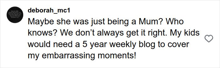 Comment discussing parenting moments and embarrassment, shared in response to footage of Victoria Beckham.