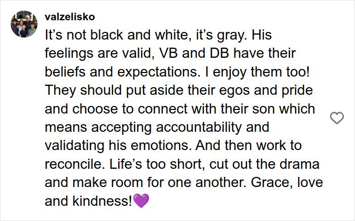 Social media comment discussing feelings and accountability amid footage of Victoria Beckham after Brooklyn's dance accusation.