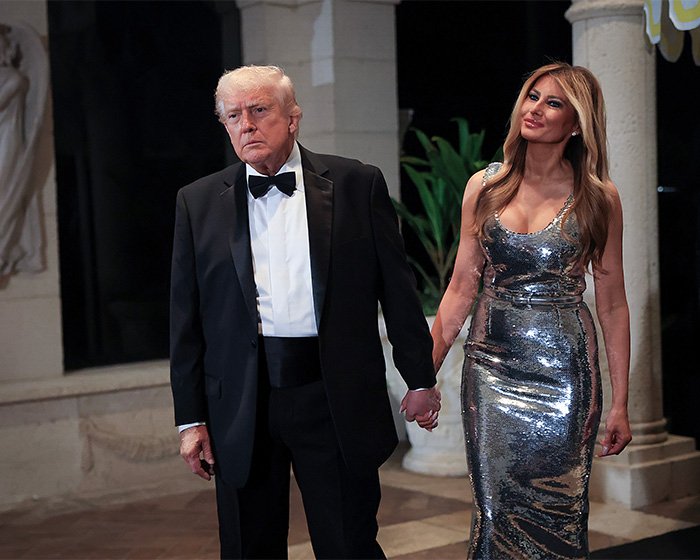 Donald Trump in tuxedo with Melania Trump in silver dress, amid health speculation and doctor concerns about his face droopiness.