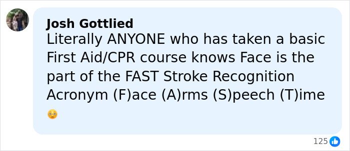 Comment by Josh Gottlied explaining that face droopiness is part of the FAST stroke recognition acronym in health discussions.