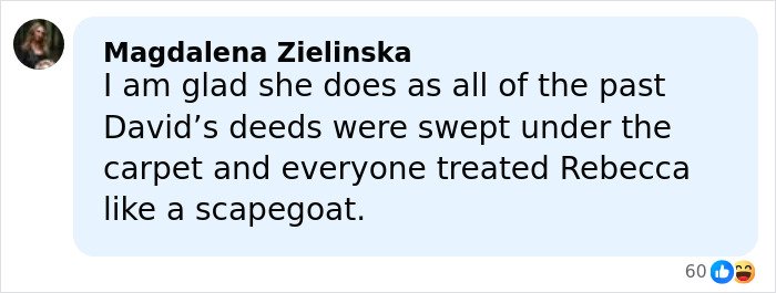 Comment by Magdalena Zielinska reacting to Brooklyn Beckham’s viral family rift, discussing David Beckham’s past deeds and scapegoating.