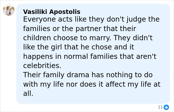 Comment by Vasiliki Apostolis discussing family drama and judgment related to Brooklyn Beckham’s viral family rift revelation.
