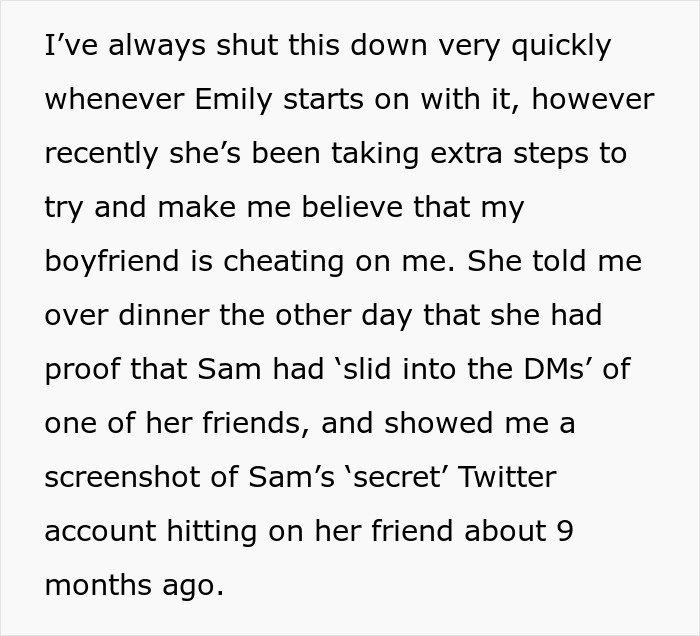 Text excerpt about woman fabricating evidence of cheating to convince friend to dump boyfriend, plan backfires.