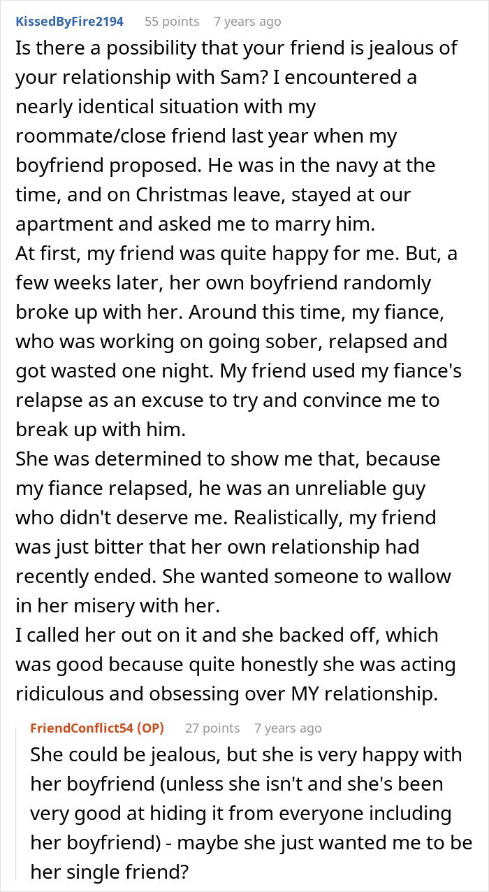 Online forum discussion showing a woman fabricating evidence of cheating to convince friend to dump boyfriend, plan backfires.