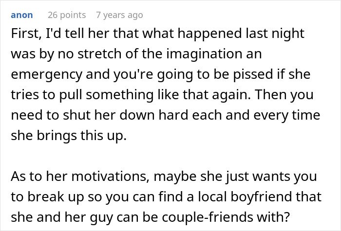 Screenshot of a comment discussing fabricated evidence of cheating used to convince a friend to dump her boyfriend.