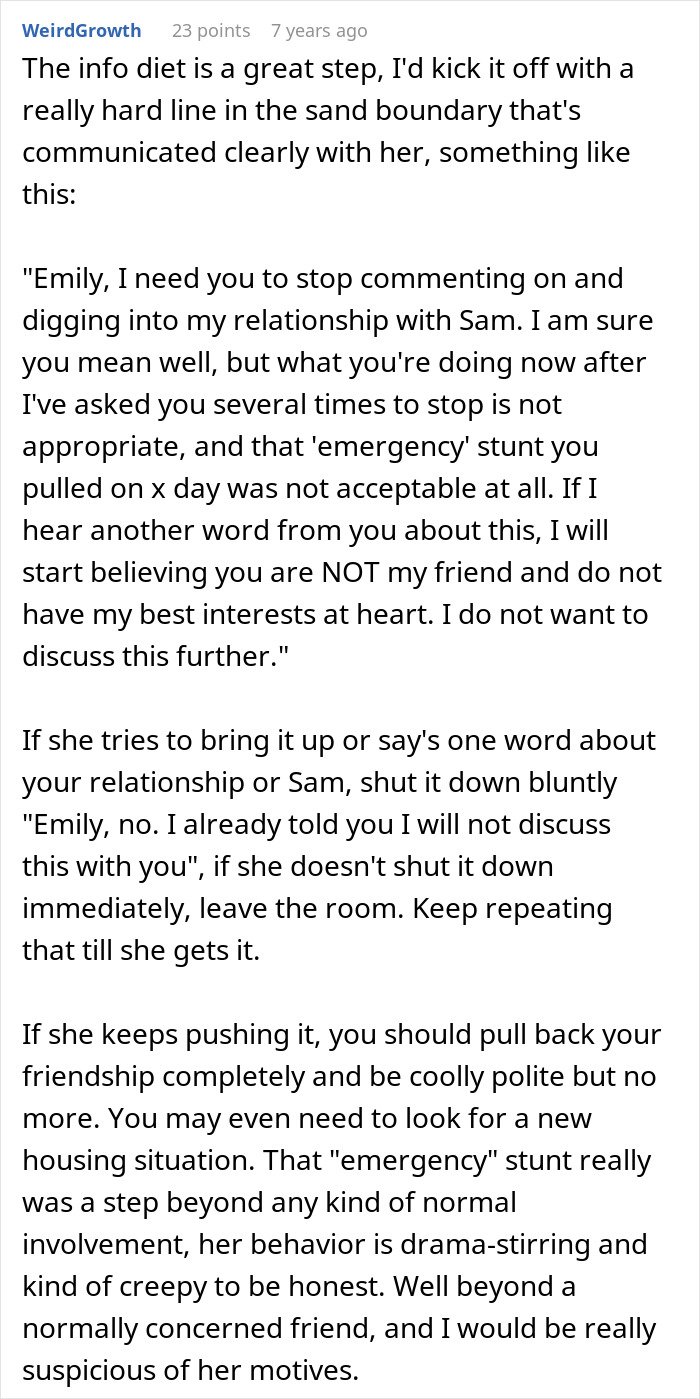 Screenshot of a Reddit comment discussing relationship boundaries and fabricating evidence of cheating to convince a friend.
