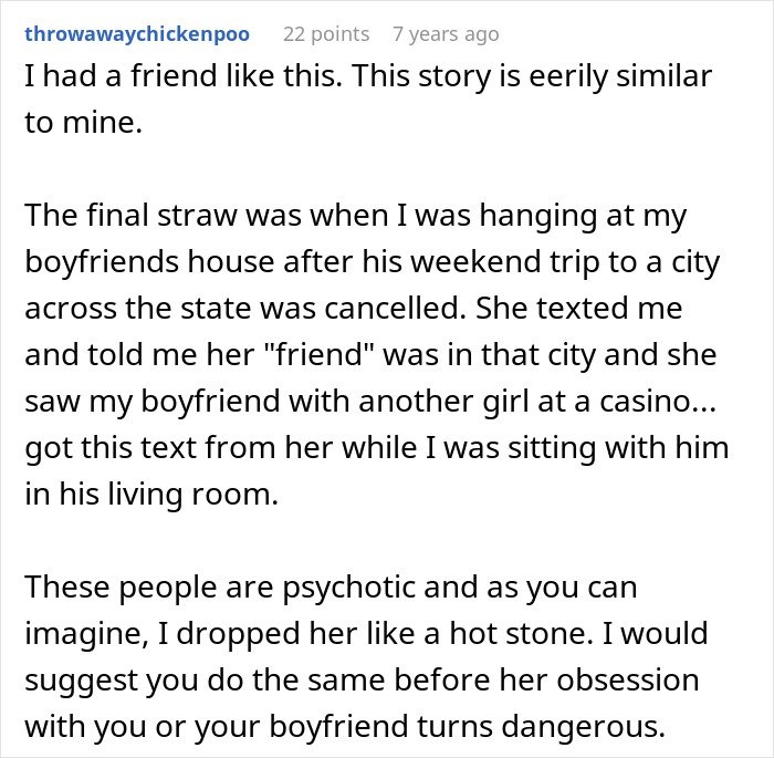 Screenshot of a Reddit comment describing a woman fabricating evidence of cheating to convince a friend to dump her boyfriend.