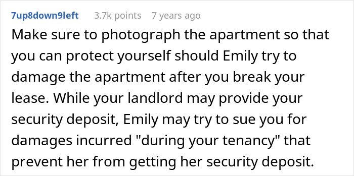 Screenshot of a Reddit comment discussing protecting yourself from damage claims when breaking a lease, related to cheating evidence.