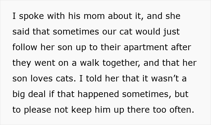 Text about a cat following neighbor’s son to their apartment, highlighting cat disappearance and neighbor adoption.