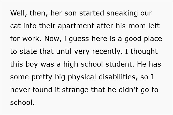 Text excerpt describing a neighbor’s son secretly adopting and caring for a cat with physical disabilities.