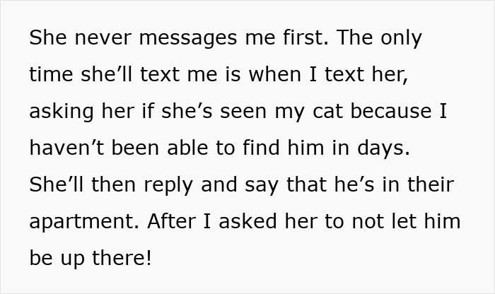 Text message conversation about a cat disappearing for days and the neighbor ‘adopting’ him in their apartment.