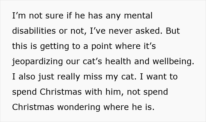 Text excerpt about concern for a cat’s health and wellbeing as the pet disappears for days due to neighbor adopting him.