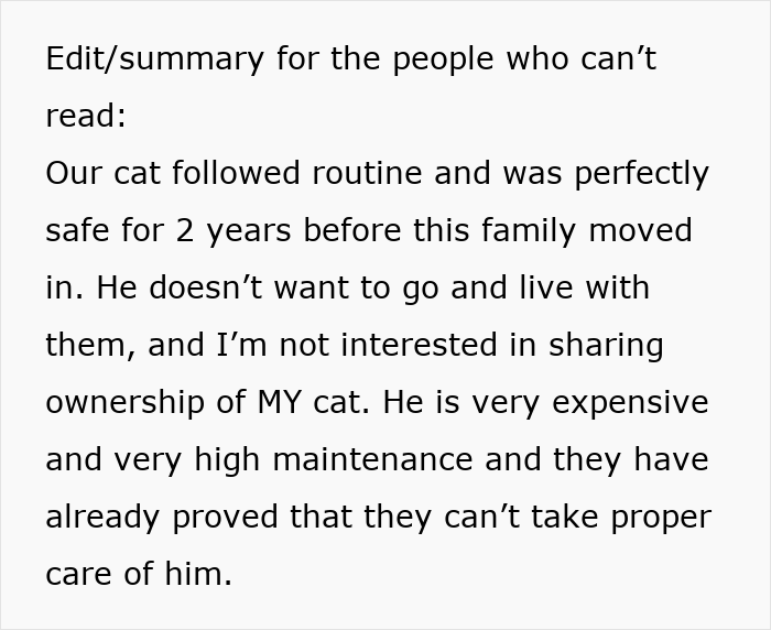 Text describing a cat disappearing for days as the neighbor has been secretly adopting the high-maintenance cat.