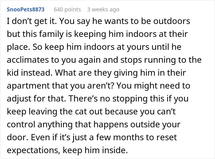 Online comment discussing a cat disappearing for days while neighbor has been adopting the cat at their apartment