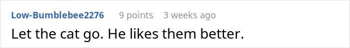 Screenshot of an online comment saying the cat prefers the neighbor who has been ‘adopting’ him.