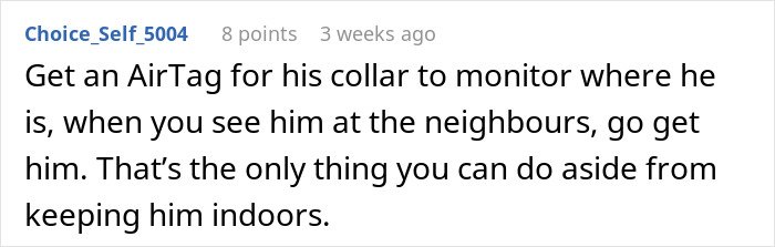 Comment suggesting using an AirTag on a cat’s collar to monitor its location when the neighbor is ‘adopting’ him.