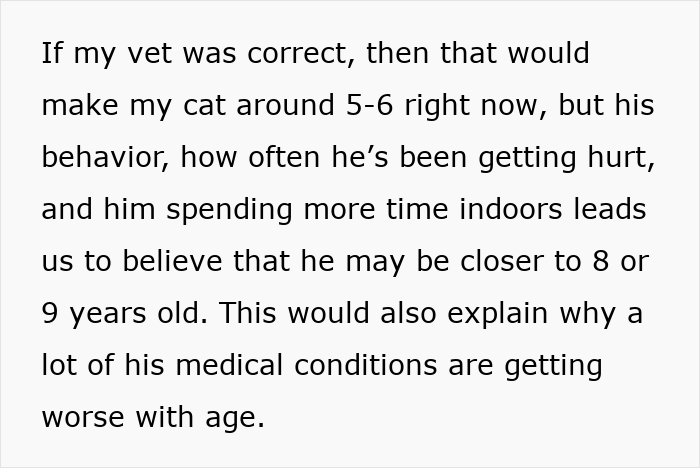 Text describing a cat’s age, behavior, and medical conditions as it spends more time indoors and faces health issues with age.