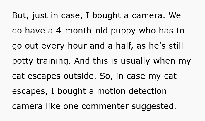 Person’s cat disappearing for days, motion detection camera used to catch neighbor ‘adopting’ the cat outdoors.