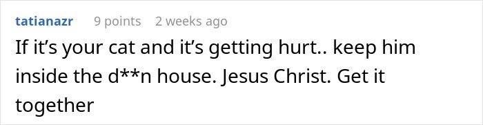 Reddit comment warning to keep a cat inside after it starts disappearing for days, mentioning concern for the cat’s safety.
