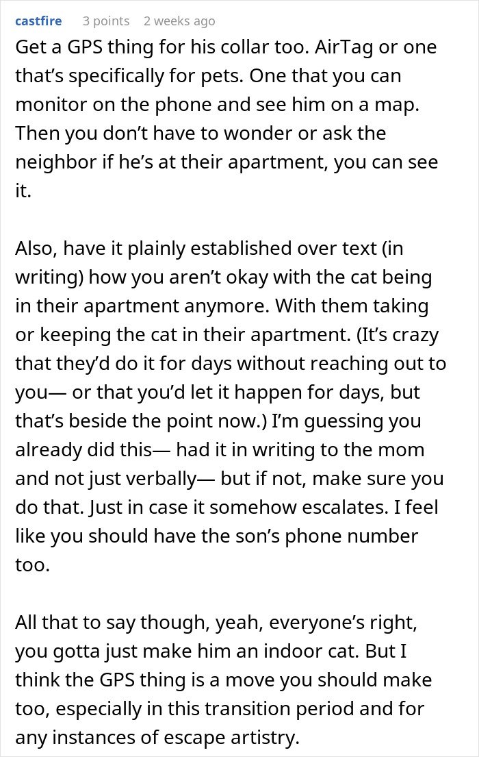 Text advice on using GPS for cat collar to track pet and addressing neighbor ‘adopting’ cat without permission.