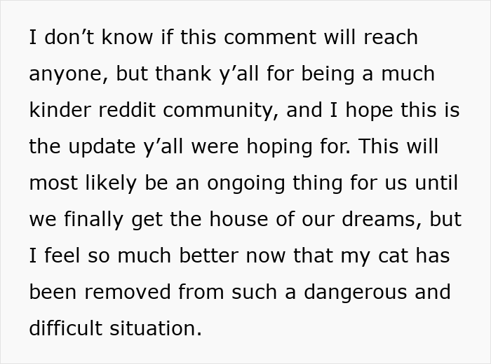 Text post discussing relief after cat was removed from a dangerous situation following neighbor’s secret adopting actions.
