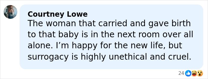 Facebook comment criticizing surrogacy, highlighting the ethical concerns about Meghan Trainor’s secret surrogate baby.