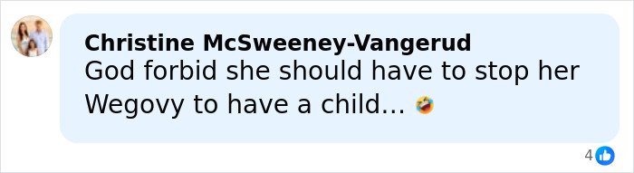Comment about Meghan Trainor’s secret surrogate baby with a laughing emoji reacting to Wegovy mention.