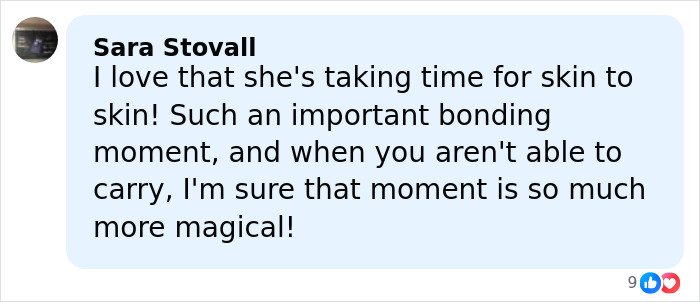 Comment praising Meghan Trainor’s bonding moment with secret surrogate baby, highlighting skin to skin importance.