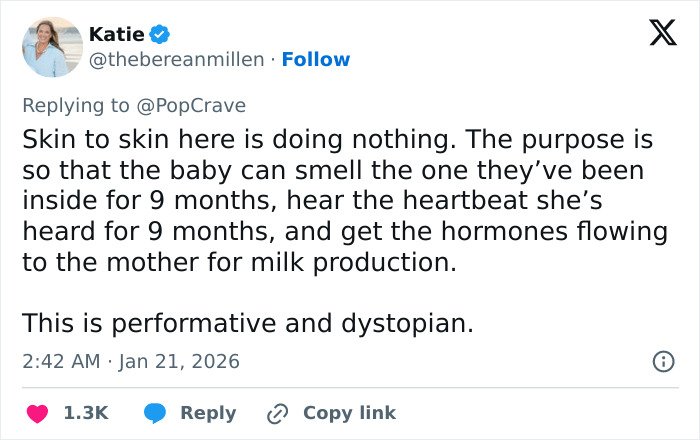 Twitter user Katie criticizes skin-to-skin contact as performative in context of Meghan Trainor's secret surrogate baby.