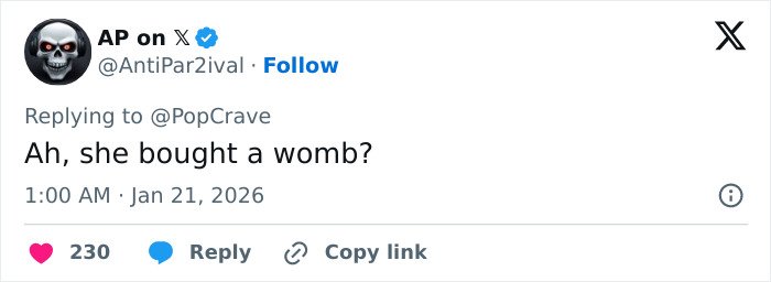 Tweet discussing Meghan Trainor’s secret surrogate baby with a skeptical comment about buying a womb.