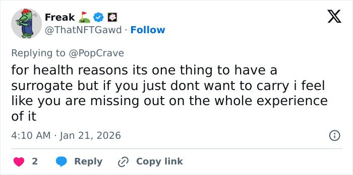 Tweet discussing opinions on Meghan Trainor's secret surrogate baby and the experience of surrogacy.