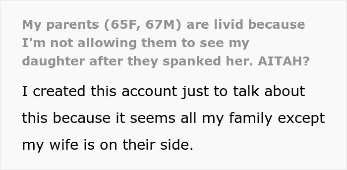 Text from a social media post about grandparents spanking a 3-year-old and parents banning them from seeing her.