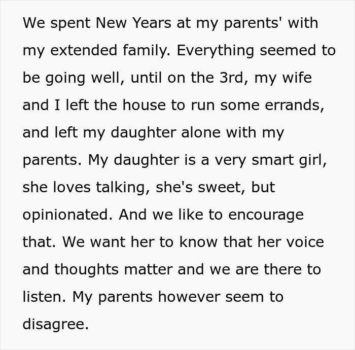 Text excerpt describing a family conflict where grandparents spank 3-year-old to teach a lesson, causing parents to ban visits.