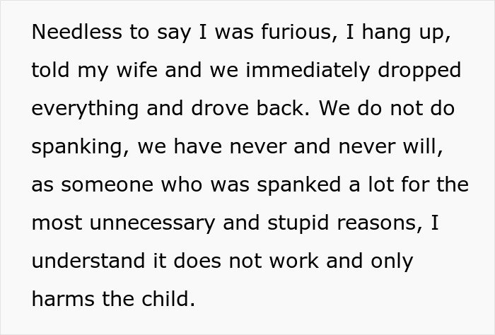 Text excerpt discussing parental anger over grandparents spanking their 3-year-old and the decision to ban them from seeing her.