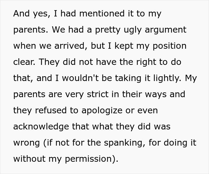 Text discussing grandparents spanking 3-year-old to teach a lesson and parents banning them from seeing her again.