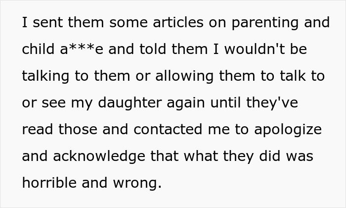 Text excerpt showing a parent's message about banning grandparents from seeing their 3-year-old after they spanked her.