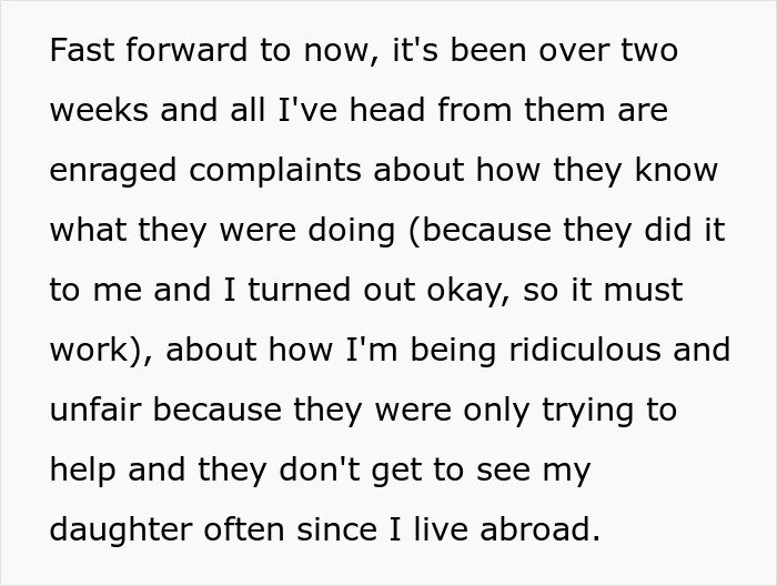 Text excerpt about grandparents receiving complaints after spanking a 3-year-old, leading to a parental ban.