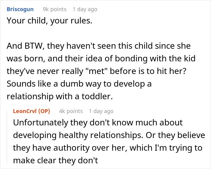 Comments discussing grandparents spanking a toddler and parents banning them from seeing the child again.