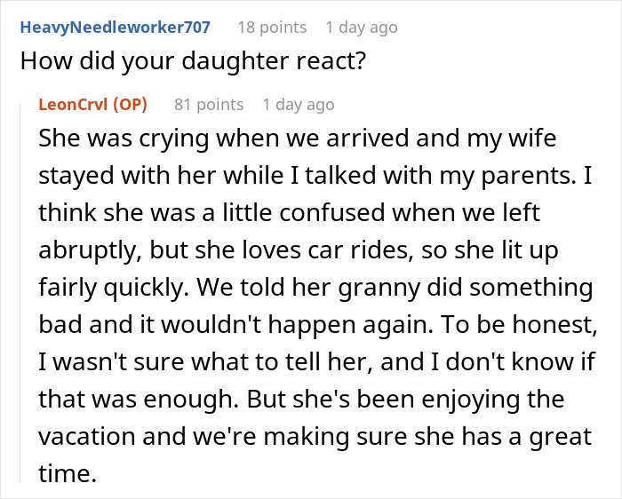 Screenshot of an online conversation discussing grandparents spanking a 3-year-old and parents banning visits.